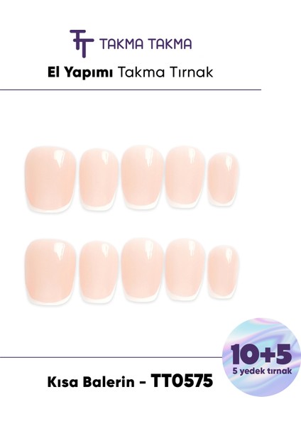15'li Ten Rengi Kısa Balerin TT0575 Tekrar Kullanılabilir El Yapımı Protez Takma Tırnak - Ten Rengi-M