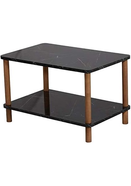 Orta Sehpa Dikdörtgen Ahşap Ayaklı Iki Katlı Gazetelikli - Siyah Mermer Desenli fiyatları