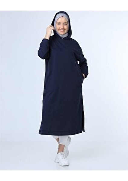 Kapüşonlu Midi Boy Sweatshirt Kadınlar İçin Lacivert Renk Rahat Tasarım