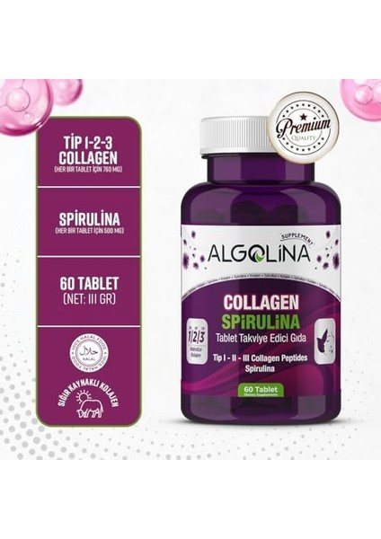 Algolina Collagen + Spirulina Tablet Takviye Edici Gıda - 1260 Mg 60 Tablet - (Kolajen Tip 1 2 3) modelleri