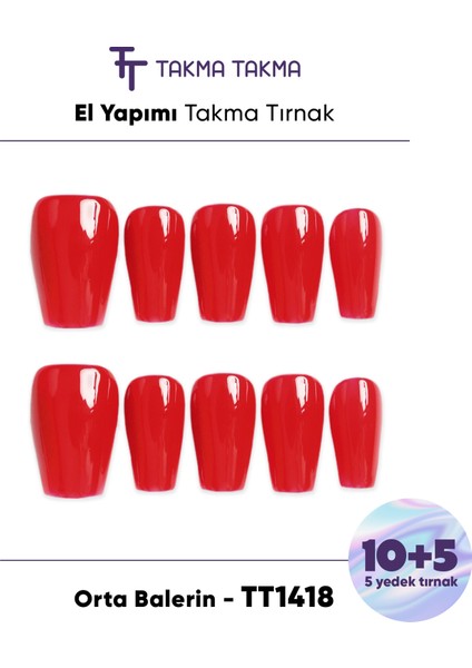 15'li Kırmızı Orta Balerin TT1418 Tekrar Kullanılabilir El Yapımı Protez Takma Tırnak - Kırmızı-L fırsatları