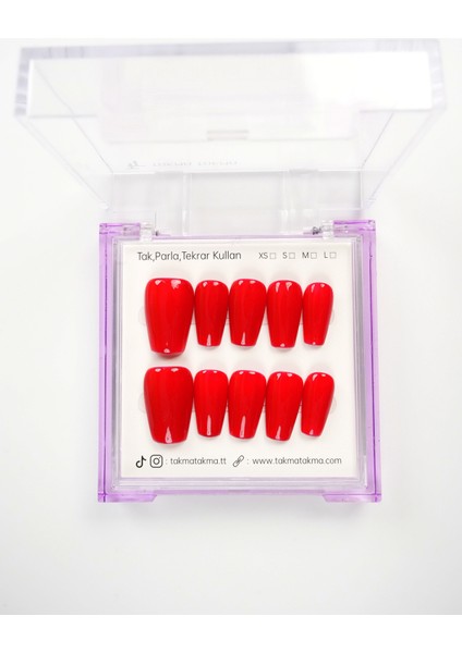 15'li Kırmızı Orta Balerin TT1418 Tekrar Kullanılabilir El Yapımı Protez Takma Tırnak - Kırmızı-L