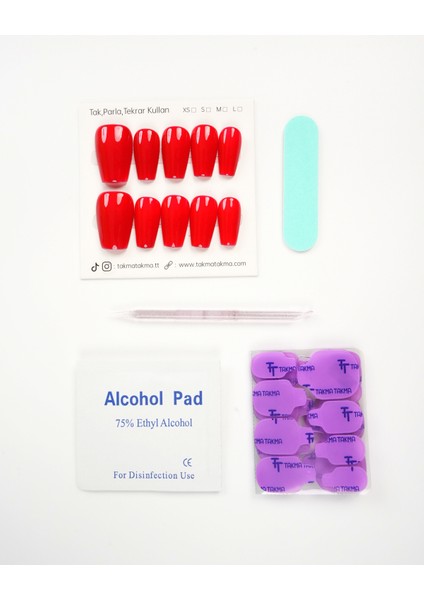 15'li Kırmızı Orta Balerin TT1418 Tekrar Kullanılabilir El Yapımı Protez Takma Tırnak - Kırmızı-L