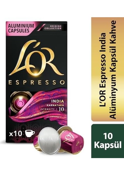 L'or - Espresso Kahve - India - Origins Collection - Yoğunluk 10 - Tatlımsı ve Hafif Baharat Notaları - 1 Paket x 10 Alüminyum Kapsül fiyatları