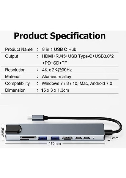 Happy 8 In 1 USB C Yerleştirme Istasyonu 4K 60Hz HDMI Hdr Hdtv Hub RJ45 Ethernet 87W Pd, Sd/microsd, 2 USB 3.0 MacBook Air/pro, iPad ve Cep Telefonları ile Uyumlu fiyatları