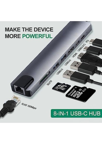 Happy 8 In 1 USB C Yerleştirme Istasyonu 4K 60Hz HDMI Hdr Hdtv Hub RJ45 Ethernet 87W Pd, Sd/microsd, 2 USB 3.0 MacBook Air/pro, iPad ve Cep Telefonları ile Uyumlu modelleri