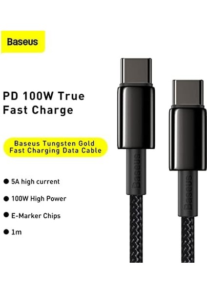 Tungsten Hızlı Şarj Kablosu Type-C To Type-C 100W, 1m, Siyah modelleri
