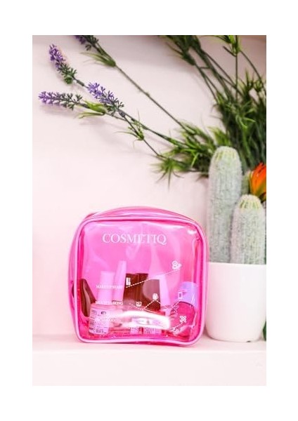 Pazar Kapısı Şeffaf Makyaj Malzemeleri Çantası Mini Organizer Poschette (Pembe)