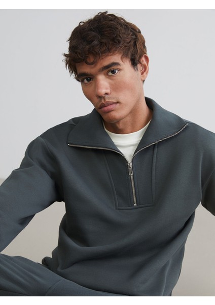 Yeni Sezon Fermuarlı Dik Yaka Erkek Kalın Sweatshirt