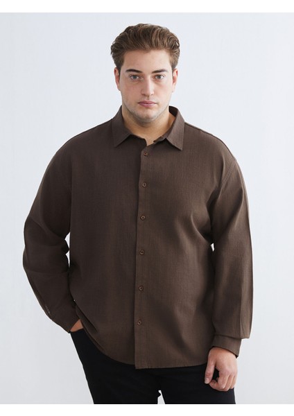 Yeni Sezon Büyük Beden Regular Fit Uzun Kollu Keten Görünümlü Erkek Gömlek