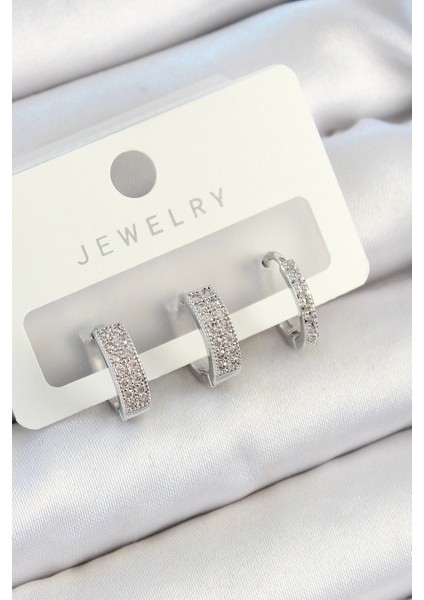 Pirinç Zirkon Taşlı Halka Model Gümüş Renk 3'lü Çift Kadın Küpe Set