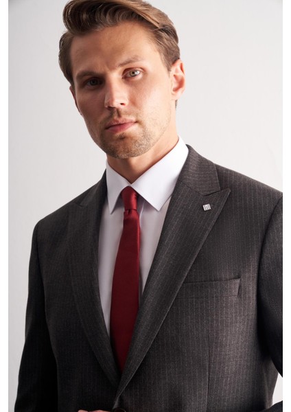 Koyu Antrasit Kırlangıç Yaka Çizgili Desen Kruvaze Esnek 6 Drop Slim Fit Classic Takım Elbise 1001255165 fırsatları