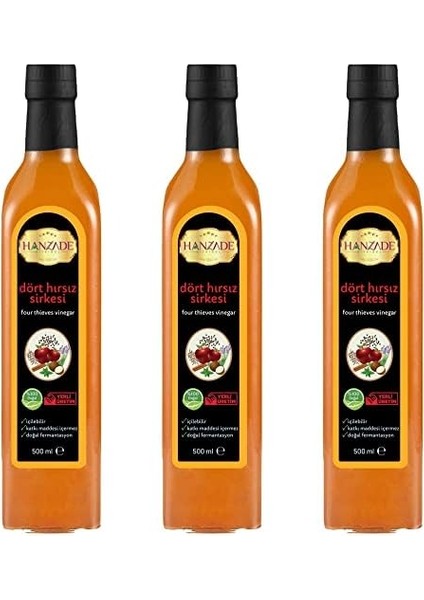 Hanzade Bitkisel Dört Hırsız Sirkesi 500 ml x 3 Adet Doğal Fermantasyon Içilebilir Katkısız Cam Şişe modelleri