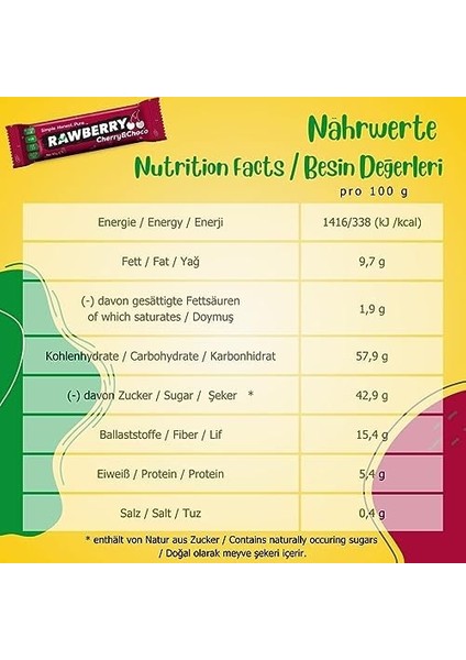 Rawberry Cherry Choco Şeker Ilavesiz Vegan Glütensiz Kuruyemiş Bar (Kutuda 15 Adet)