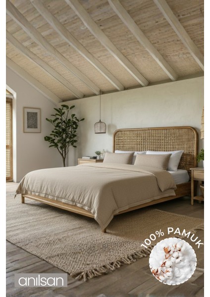 Düz Bej Çift Kişilik Ranforce Nevresim Seti %100 Pamuk (Nevresim+Yastık Kılıfı)