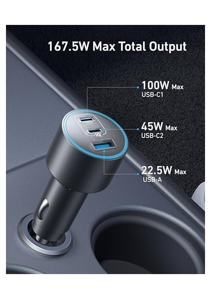 167.5 W Araç Şarjı 3 Port + 1 M Type-C Kablo, B2737 fiyatları