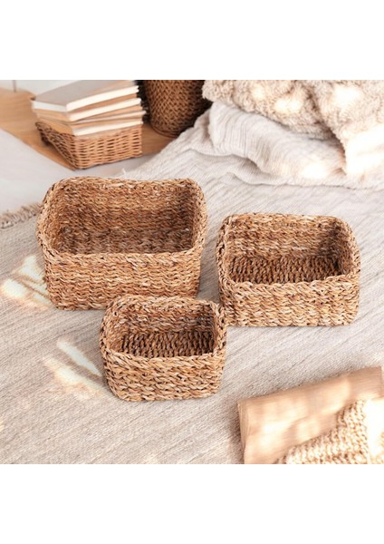 3'lü El Yapımı Kare Düzenleyici Seti | 3'lü Hasır Kare Organizer Seti – Dekoratif, Çok Amaçlı ve Dayanıklı Sepetler (26 * 26 * 12CM – 22 * 22 * 10CM – 18 * 18 * 8cm)