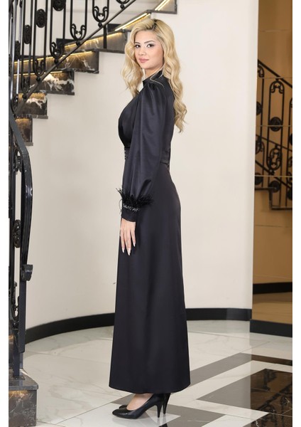 Lara Saten Abiye Elbise Siyah ELB78