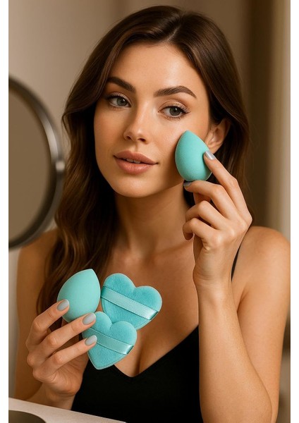 5 Adet Güzellik Makyaj Süngeri Seti 3 Adet Sünger + 2 Adet Kalpli Pudra Fondöten Bb Krem Uygulama Aparatı Yıkanabilir Sünger -Puff Yeşil fiyatları