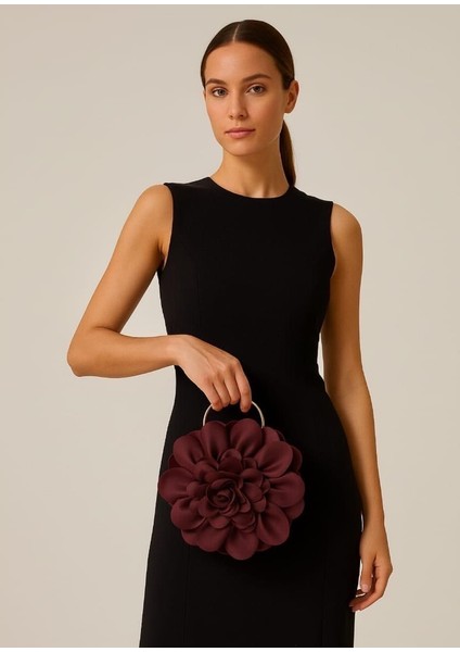 Bordo Kumaş Gold Metal Saplı Gül Çiçek Çanta El Çantası Abiye Günlük Şık Kadın Çantası