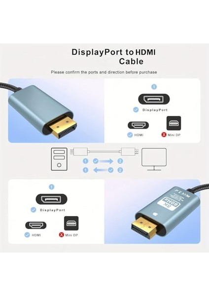 Dp To HDMI Kablo, 4K 60Hz 200CM Yüksek Hızlı, Displayport 2 Metre Uzunluğu Displayport To HDMI Kablo 200CM ZR890 modelleri