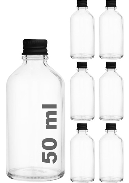 Afracam 50 cc Siyah Metal Kapaklı Hediyelik Shot Şişesi 50 ml Kolonya Koku Süs Küçük Şeffaf Cam Şişe 6 Adet