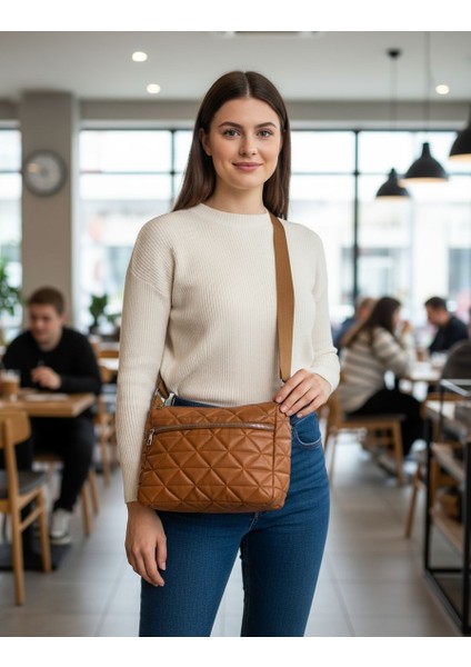 Kapitone Kahverengi İki Bölmeli Omuz ve Çapraz Çanta