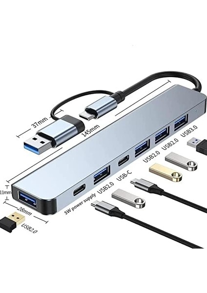 Alüminyum USB Hub 7 In 1 Usb/type-C To USB A, USB C, USB 2.0/3.0 Çevirici Adaptör Çok Portlu Tak Çalıştır USB Çevirici modelleri