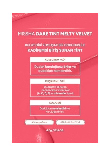Mıssha Uzun Süre Kalıcı, Bulaşma Yapmayan, Kadifemsi Bitiş Sunan Tint Dare Tint Melty Velvet (Rose Letter)