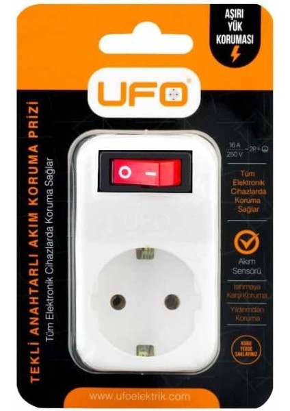 Ufo Tekli Akım Korumalı Anahtarlı Priz 16A 250V, Max 3500W Aşırı Yük Koruması (Beyaz)