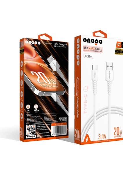 Uyumlu Type-C To USB 3.4A Hızlı Şarj ve Data Kablosu 1 Metre - Q7 | Beyaz Smart Kablo