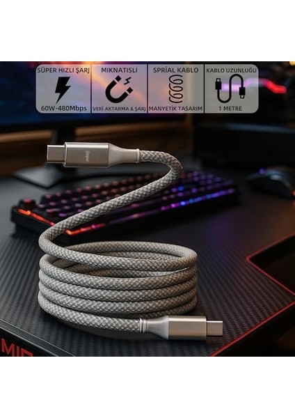 Mio SC1000 Usb-C To Usb-C 60W Mıknatıslı Spiral Şarj ve Data Kablosu 1m - Beyaz modelleri