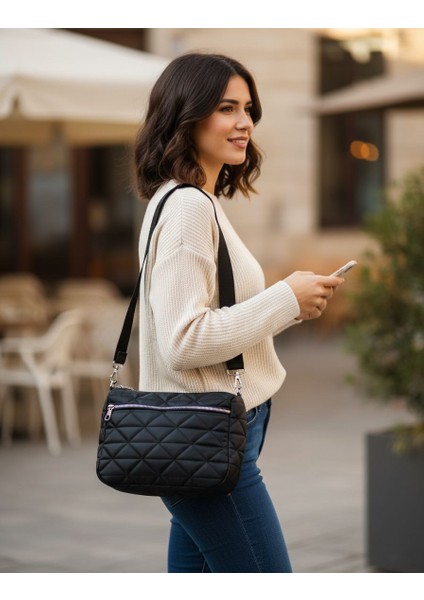 Kapitone Lacivert İki Bölmeli Omuz ve Çapraz Çanta