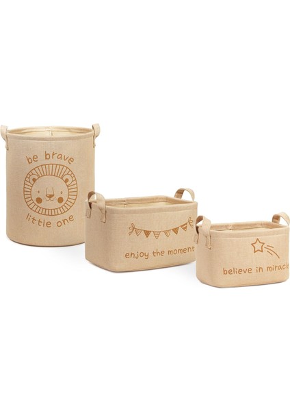 Textile 3'lü Çocuk Odası Sevimli Aslan Jüt Dokuma Kumaş Sepet Set 24 x 17 x 14/30 x 21 x 18/33 x 40 cm