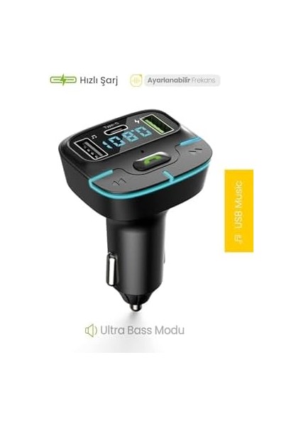 F9 Araç Fm Transmitter 5.3 Bluetooth Araç Kiti USB Type-C Hızlı Şarj Çıkışlı Çakmaklık Girişli (F9) fiyatları
