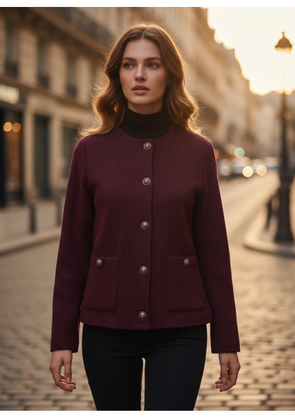 Calder Kadın Bordo Gümüş Düğmeli Cep Detaylı (Rahat Kalıp) Bisiklet Yaka Jakarlı Hırka & Ceket