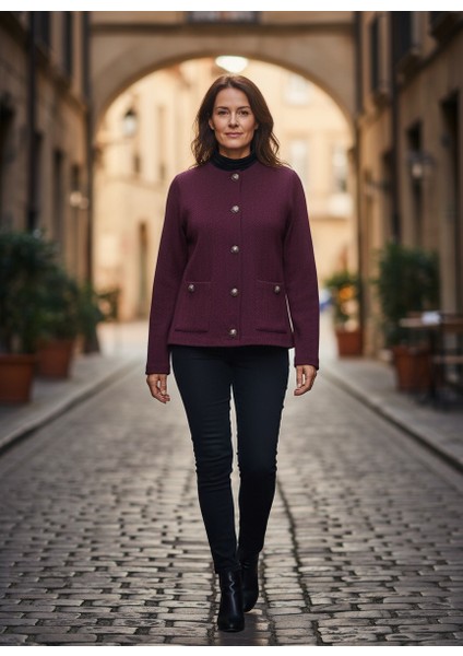 Calder Kadın Bordo Gümüş Düğmeli Cep Detaylı (Rahat Kalıp) Bisiklet Yaka Jakarlı Hırka & Ceket modelleri