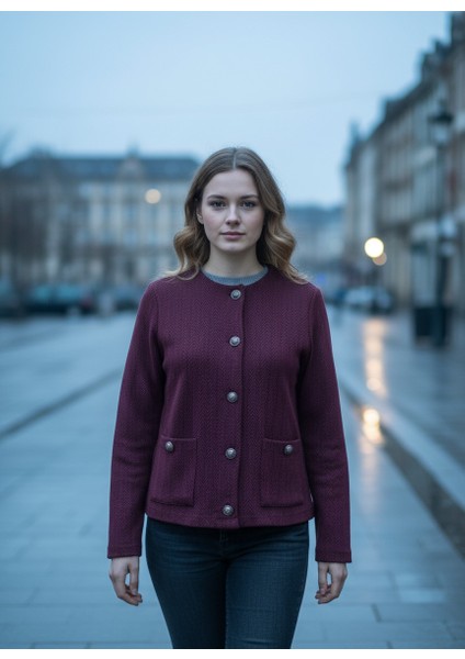 Calder Kadın Bordo Gümüş Düğmeli Cep Detaylı (Rahat Kalıp) Bisiklet Yaka Jakarlı Hırka & Ceket fırsatları