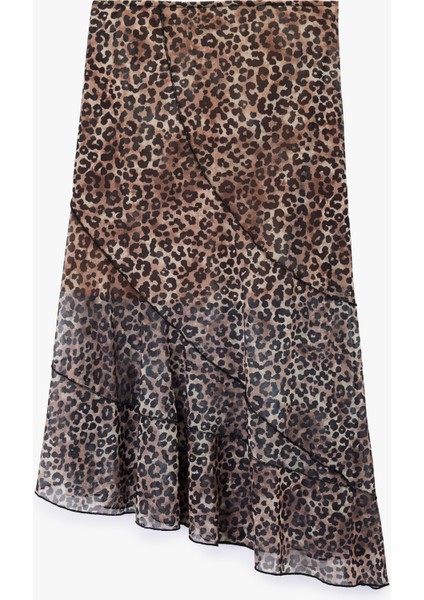 Asimetrik Kesim Katlı Leopar Desenli Midi Etek