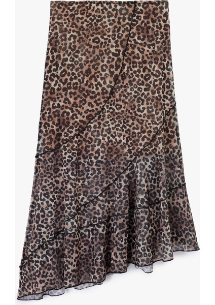 Asimetrik Kesim Katlı Leopar Desenli Midi Etek fiyatları
