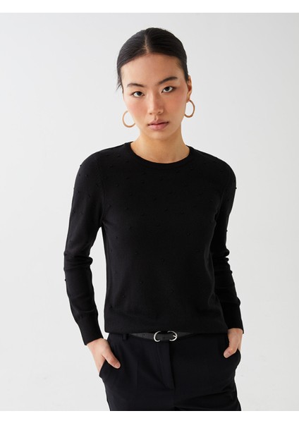 Yeni Sezon Bisiklet Yaka Kendinden Desenli Uzun Kollu Kadın Triko Kazak