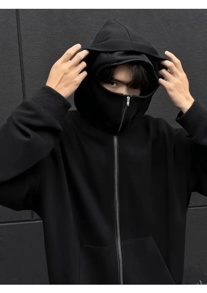 Unisex Baskılı Hırka Ninja Maskeli 3 Iplik Oversize