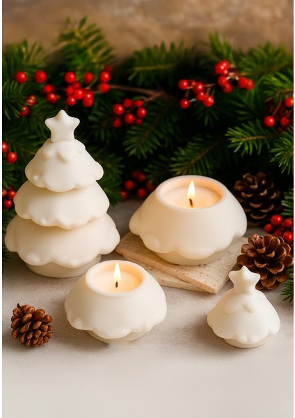 Yılbaşı Dekoratif Çam Ağacı Mumluk I 3 Parça Set I Ham (Boyanmamış) Döküm Seramik Tozu I Boyanabilir