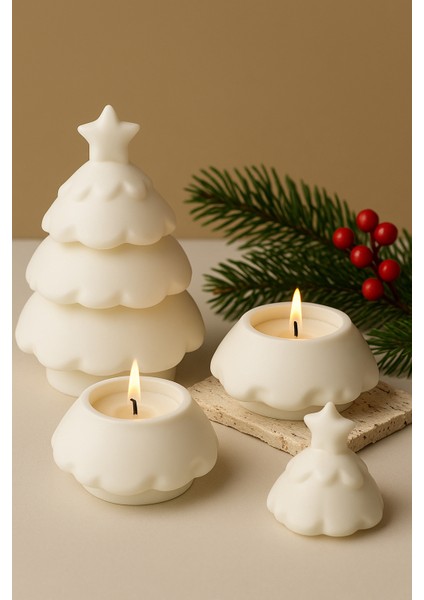 Yılbaşı Dekoratif Çam Ağacı Mumluk I 3 Parça Set I Ham (Boyanmamış) Döküm Seramik Tozu I Boyanabilir modelleri