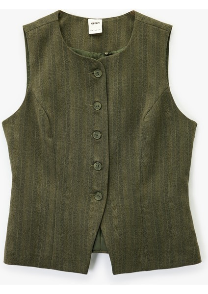 Flanel Kumaş Düğmeli Yuvarlak Yaka Blazer Yelek