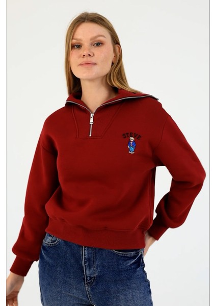 Kadın Yarım Fermuarlı Nakışlı 3ip Sweatshirt Bordo - 2664