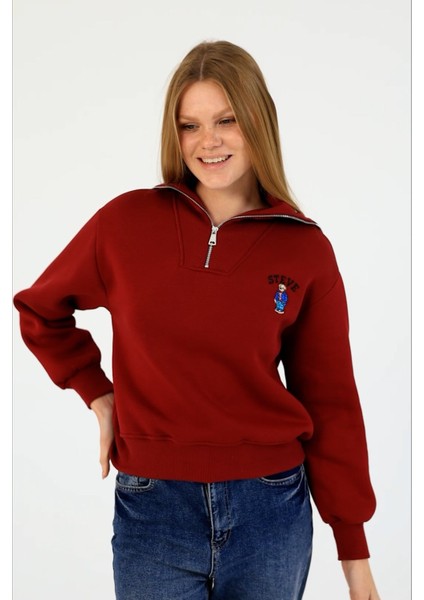 Kadın Yarım Fermuarlı Nakışlı 3ip Sweatshirt Bordo - 2664 fiyatları