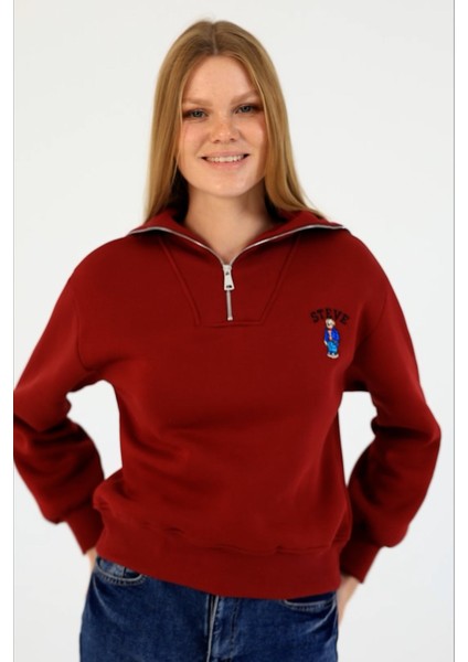Kadın Yarım Fermuarlı Nakışlı 3ip Sweatshirt Bordo - 2664 modelleri