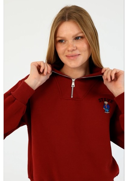Kadın Yarım Fermuarlı Nakışlı 3ip Sweatshirt Bordo - 2664 fırsatları
