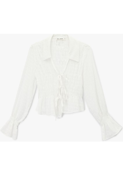 Fiyonklu Bağlama Detaylı Uzun Balon Kollu Gömlek Yaka Ekoseli Bluz